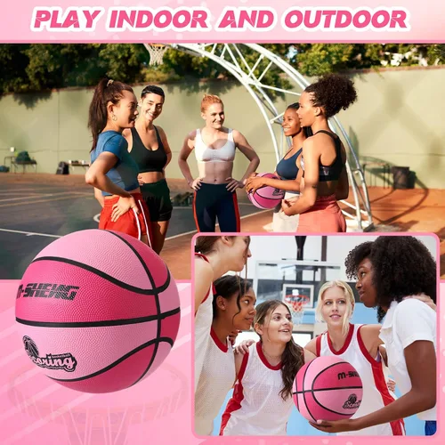Vista 5 de Soulchen 6 pelotas de baloncesto oficiales tamaño 5 a granel color rosa para niñas con bomba y bolsa de red para adultos, deportes en interiores