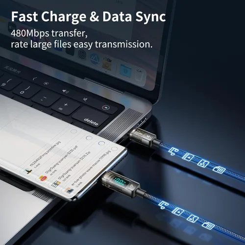 Vista 9 de mcdodo Cable de carga USB C a USB C, cable de datos transparente, PD de 100 W, cargador digital, apagado automático, protección de doble núcleo