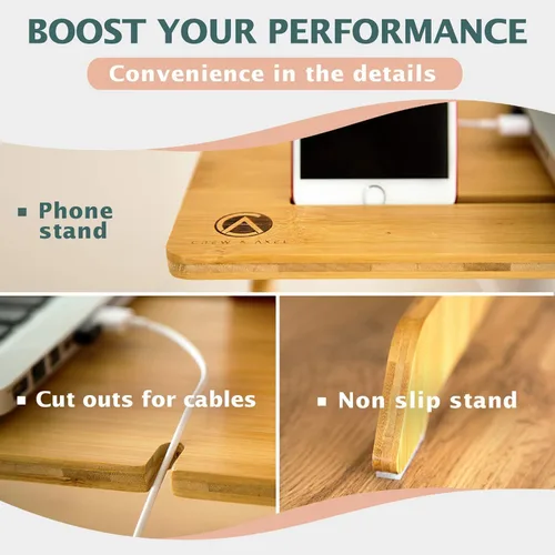 Vista 3 de Elevador de escritorio ajustable de bambú 100% natural, soporte convertidor de escritorio, sin tornillos, se instala en menos de 1 minuto, para uso