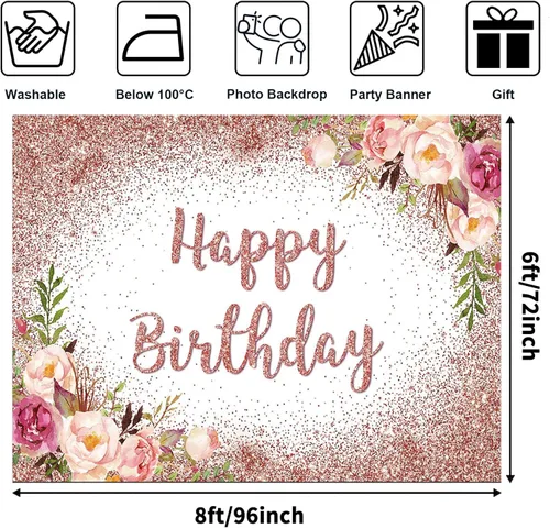 Vista 2 de Avezano Telón de fondo de cumpleaños de oro rosa para niñas y mujeres, fiesta de feliz cumpleaños, fondo de fotografía, color rosa, floral, oro