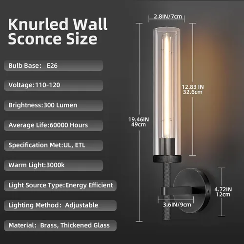 Vista 4 de Apliques de pared modernos en negro con cableado integrado, aplique de pared de 21'' con textura estriada para baño, aplique de pared