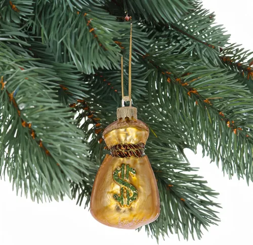 Vista 6 de Bolsa de dinero dorada con letrero de dólar verde, adorno navideño de cristal