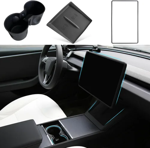 Vista 10 de TOPABYTE - Consola central para accesorios Tesla Modelo Y Modelo 3, 3 unidades, color negro Cup Holder Insert, Screen Edge Protector Frame
