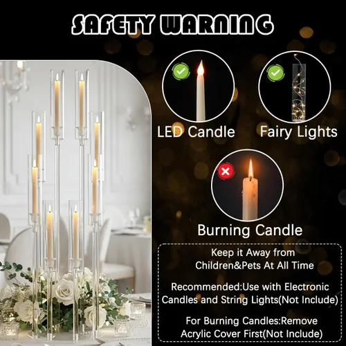 Vista 5 de Portavelas transparentes de 8 brazos para decoración de boda, candelabro alto de acrílico con pantalla para eventos del día de San Valentín, fiesta
