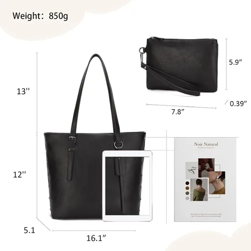 Vista 2 de KL928 Bolso de mano para mujer, bolso de mano de piel sintética, bolso de hombro grande, asa superior, monederos, juego de 2 piezas