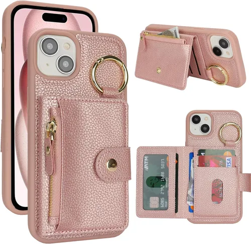 Vista 54 de Funda para iPhone 14 Plus con tarjetero, color negro Funda con cremallera y ranura para mujer y hombre