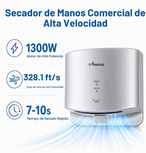 Vista 4 de Secador de manos comercial compacto 110-130V 1300W para baño, plata