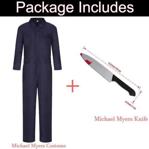 Vista 2 de Disfraz de Michael Myers con cuchillo para adultos, disfraz de Halloween, overol de asesino de terror