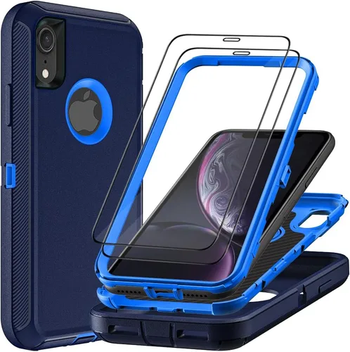 Vista 10 de Funda para iPhone XR con 2 protectores de pantalla de vidrio templado, grado militar 3 en 1, resistente a prueba de golpes, a prueba de caídas