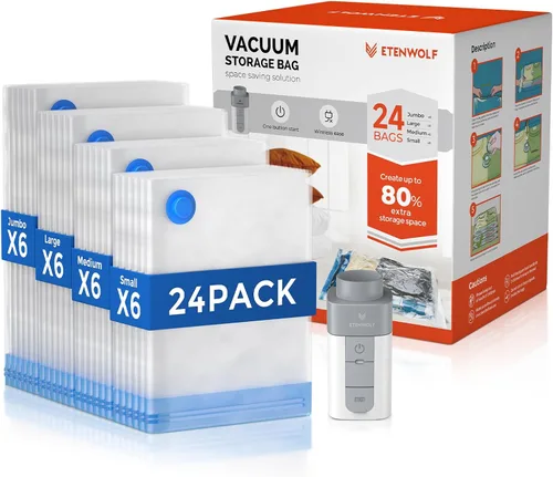 Vista 16 de ETENWOLF Bolsas de almacenamiento al vacío para viajes con bomba inalámbrica recargable, bolsas de sellado al vacío para ropa y viajes, bolsas