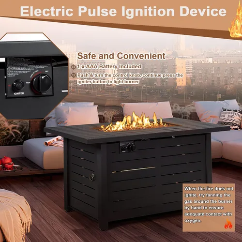 Vista 5 de Tangkula Patiojoy - Mesa rectangular de gas propano de 42 pulgadas con marco de acero sólido, encendido eléctrico, incluye rocas de lava y cubierta