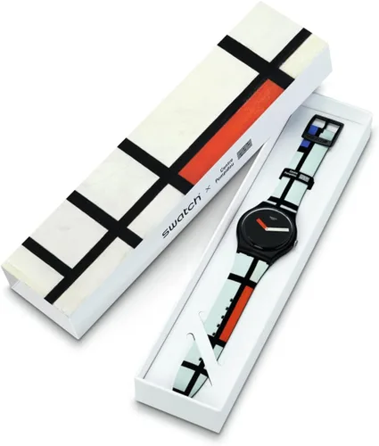 Vista 3 de Swatch Piet Mondrian - Reloj de cuarzo para hombre, rojo, azul y blanco, Negro