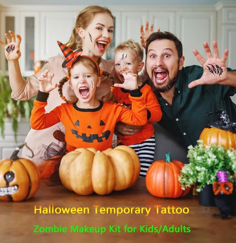 Vista 5 de Cara y cuerpo de terror realista de cicatriz falsa, impermeable, tatuajes temporales, calcomanías para Halloween, día del inocente, zombi, 8 hojas