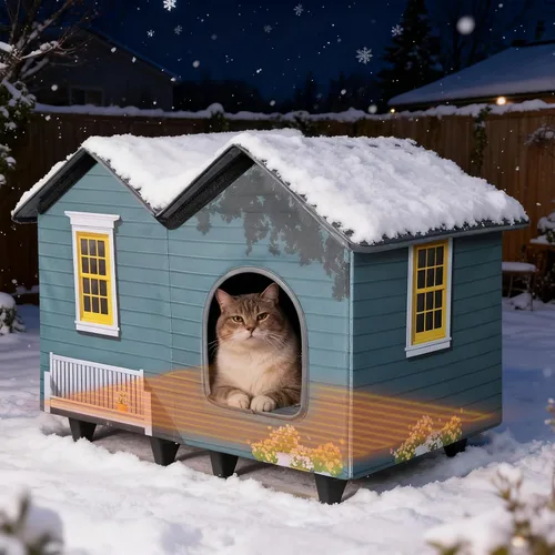 Vista 9 de Casas para gatos con calefacción para gatos de interior/exterior con cama para gatos elevada y resistente al agua, proporcionando un refugio seguro