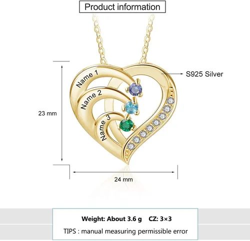 Vista 5 de Jeweidea Collar Personalizado de Corazón con Piedras Natalicias Simuladas, Colgante Promesa Personalizado con Nombre para Madre e Hija, Collar