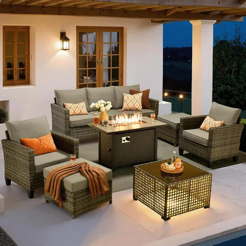 Vista 44 de ovios Juego de muebles de patio de 4 piezas con sofá de exterior, luces solares, mesa, cojines cómodos, sofá de conversación de mimbre de ratán