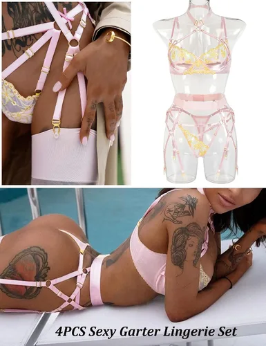 Vista 4 de Aranmei Conjunto de lencería sexy de encaje de satén bordado con aros y brasier push up para mujer