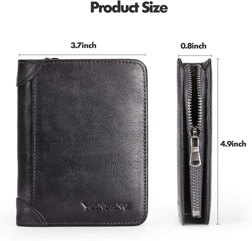 Vista 18 de Billetera para hombre con cremallera de cuero genuino RFID tarjeteros de piel de vaca con cremallera bolsillo para monedas, carteras plegables