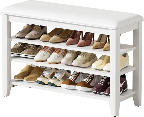 Vista 19 de Banco de almacenamiento de zapatos de entrada con cojín de cuero, banco organizador de zapatos para entrada, ideal para pasillos, puertas
