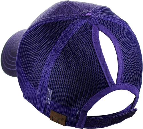 Vista 4 de C.C - Gorra de béisbol con diseño para cola de caballo, ajustable, con malla y brillantina