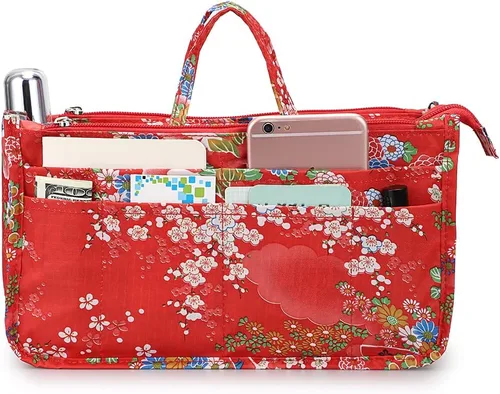 Vista 2 de BTSKY Organizador de bolsas de impresión dentro del bolso, organizador de bolsa de alta capacidad con 13 bolsillos con asa (flor festiva)