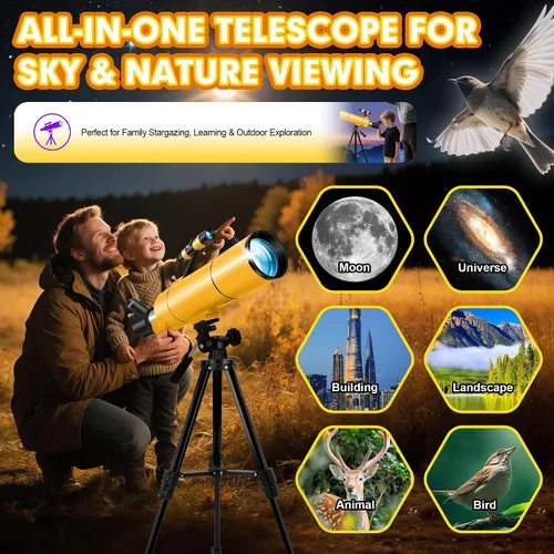 Vista 7 de MEEZAA Telescopio para adultos y niños, apertura de 80 mm, telescopio refractor portátil de 500 mm para principiantes de astronomía, telescopios