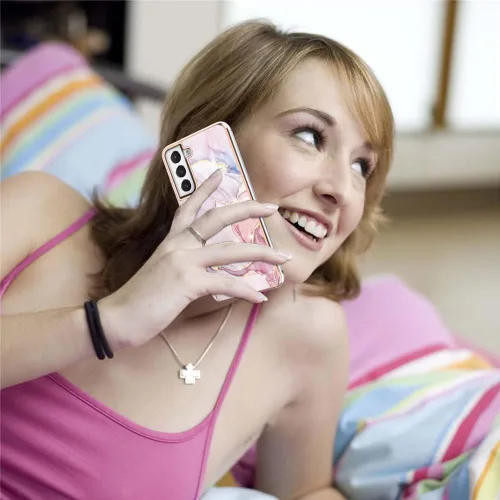 Vista 5 de Funda compatible con Samsung Galaxy S21 FE para mujeres y niñas, bonitos diseños de mármol, de lujo, delgada, resistente, a prueba de golpes, funda