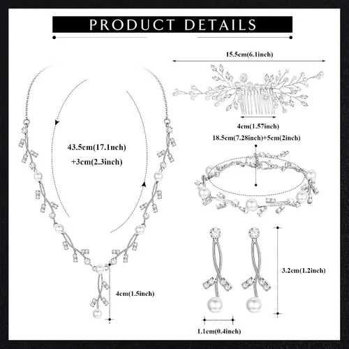Vista 2 de YADOCA Juego de joyas de novia de perlas para mujer, collar de gota de cristal con diamantes de imitación de perlas para el cabello, pulsera