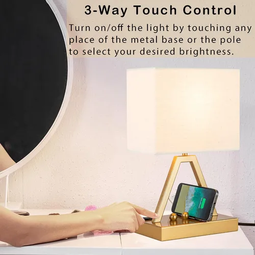 Vista 4 de Briever - Lámpara de mesa con control táctil, lámpara de escritorio regulable de 3 vías con USB C y USB A y tomacorriente AC, lámpara de noche