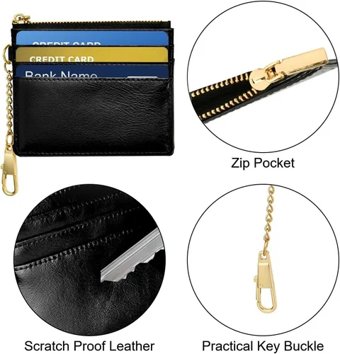 Vista 39 de URAQT Cartera para tarjetas de crédito, cartera minimalista de cuero delgado con cremallera, mini protector de tarjeta de crédito, llavero bolsillo