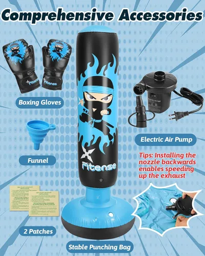 Vista 6 de Fitense Kids Punching Bag, 63 Inch Inflatable Punching Bag with Electric Air Pump & Gloves, Kids Boxing Bag for Boys Girls Age 6-12, Dinosaur Ninja