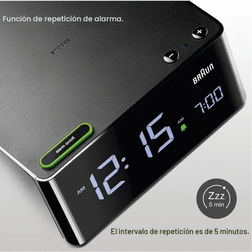 Vista 4 de Braun Reloj despertador digital con pantalla LCD VA, almohadilla táctil de repetición, ajuste rápido, ajuste automático del brillo de la pantalla