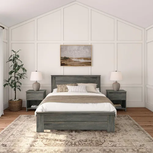 Vista 3 de Max & Lily - Cama Queen moderna de granja con cabecera de panel, cama de plataforma de madera de pino de Nueva Zelanda maciza, acabado en madera