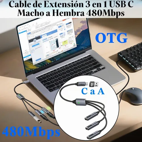 Vista 4 de QIANRENON Cable de extensión USB C 1 a 3 1 en 3 tipo C 2.0 macho a 3 hembra, con adaptador C a A Convertir USB2.0 macho a 3 USB C hembra ca-ble