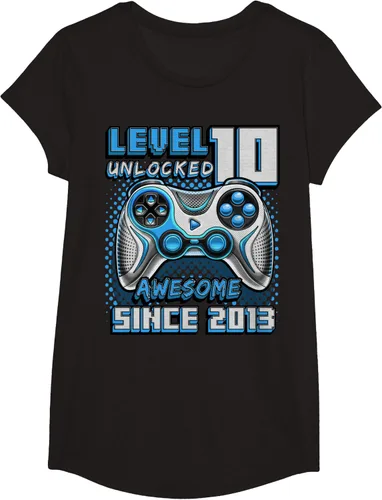 Vista 4 de Level 10 Unlocked Awesome 2013 Video Game 10th Birthday Boy T-Shirt, Negro