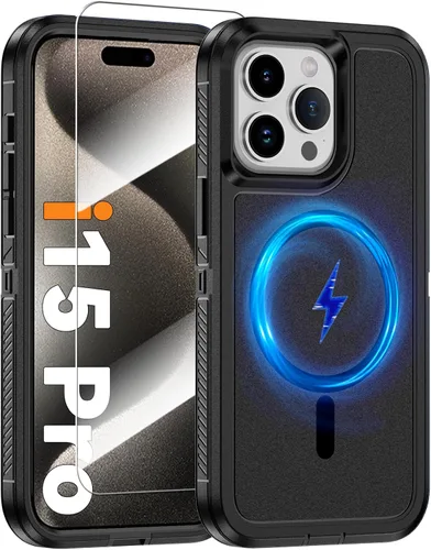 Vista 9 de Funda magnética para iPhone 13/iPhone 14 [compatible con Magsafe] [protector de pantalla de vidrio] [protección de grado militar de doble capa]