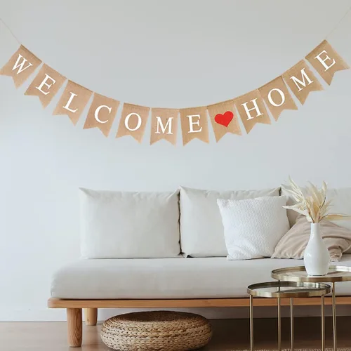 Vista 6 de Cartel de bienvenida a casa de arpillera, decoraciones rústicas para fiestas de bienvenida a casa