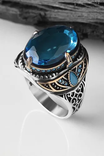 Vista 3 de BayVog 925 Sterling Silver Blue Topaz Gemstone Men's Silver Ring, Handmade Engraved Man Silver Ring gifts for men handmade rings valentines day