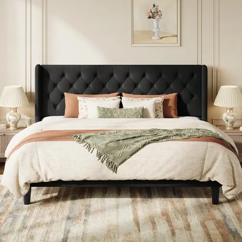 Vista 14 de SHA CERLIN Marco de cama tapizado completo, diseño capitoné con botones, color beige