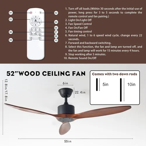 Vista 3 de Ventilador de techo de madera de 3 aspas de 52 pulgadas sin luz, ventilador de techo reversible sin ruido con motor de corriente continua sin luz