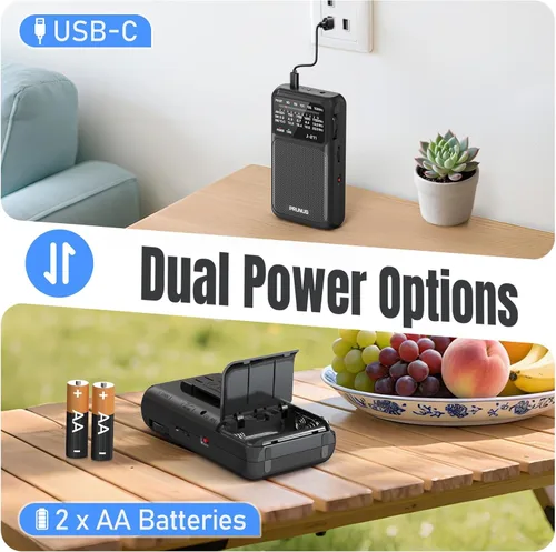 Vista 2 de PRUNUS J-211 - Radio portátil AM FM con carga USB C y operada por baterías AA, radio de transistor, fuerte recepción y altavoz claro, conector