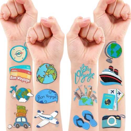 Vista 9 de Tatuajes temporales de viaje, Bon Voyage, suministros de fiesta de cumpleaños, recuerdos, decoraciones de aventura espera viajes por el mundo, súper