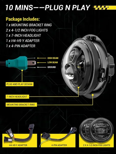 Vista 7 de Faro delantero LED de 7 pulgadas para motocicleta, kit de luz antiniebla de 4.5 pulgadas con anillo, para motos de turismo Street Glide Road King