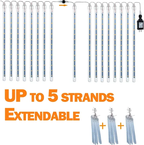 Vista 5 de Paquete de 2 luces de Navidad extensibles para lluvia de estrellas al exterior, cadena de luces de 16 tubos 384 luces LED enchufables