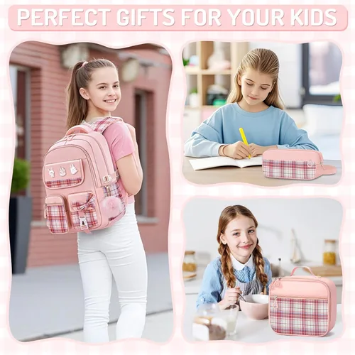 Vista 7 de Mochila infantil para niñas - Mochila para niñas para estudiantes de secundaria, Conjunto de mochila rosa