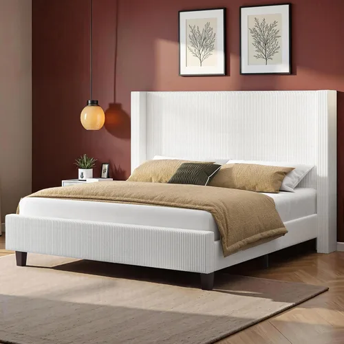 Vista 9 de VanAcc - Base de cama tapizada de pana tamaño Queen con cabecera de ala Crema