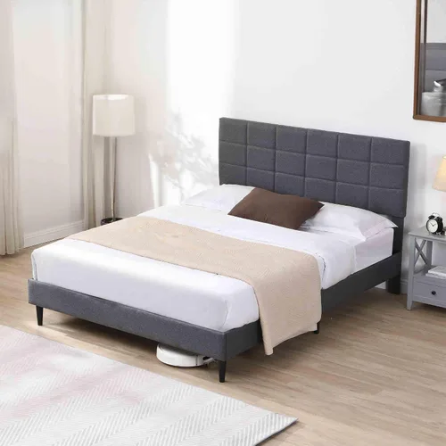 Vista 7 de Base de cama Queen con cabecera de tela, marco de cama tapizado, marco de cama resistente con soporte de listones de madera, base de colchón,