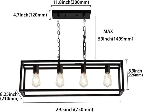 Vista 6 de Candelabros modernos, rectangular, color negro, 4 luces, accesorios de iluminación colgantes, jaula de isla de cocina, colgante lineal, lámpara