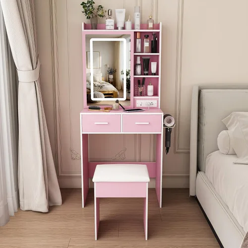 Vista 13 de Runboll Escritorio pequeño con espejo y luces, juego de mesa de tocador de maquillaje con toma de corriente, almacenamiento de cajones, taburete