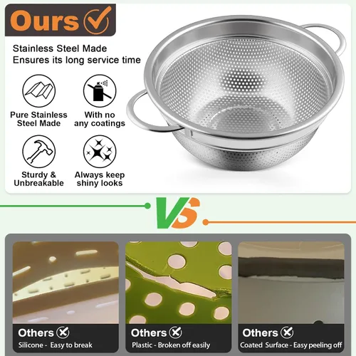 Vista 7 de P&P CHEF Colador de acero inoxidable de 3 cuartos de galón, colador de metal microperforado para alimentos de cocina, ideal para enjuagar, lavar